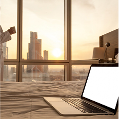 Modern hotel room with city view